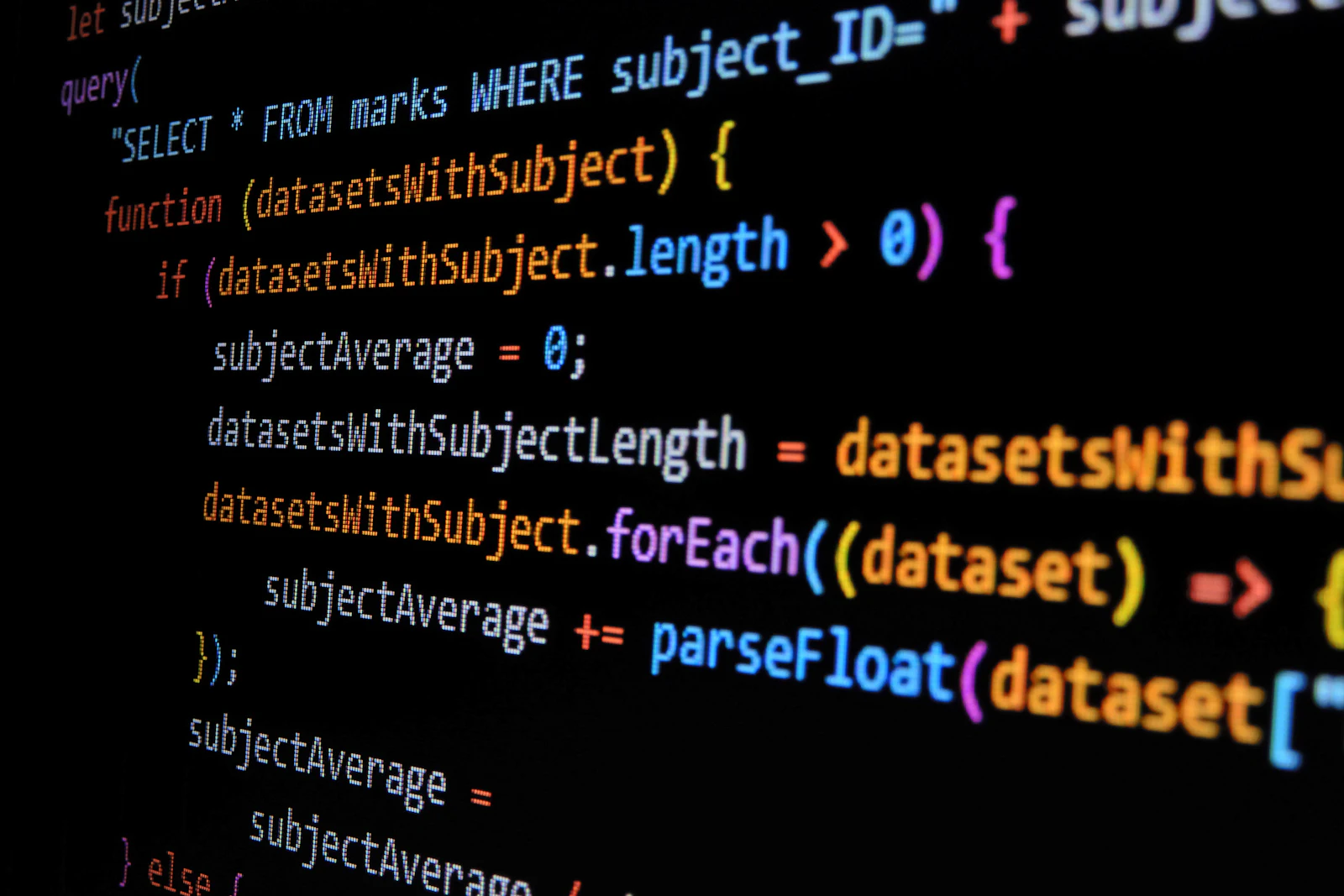 Close-up of JavaScript code that runs a database query