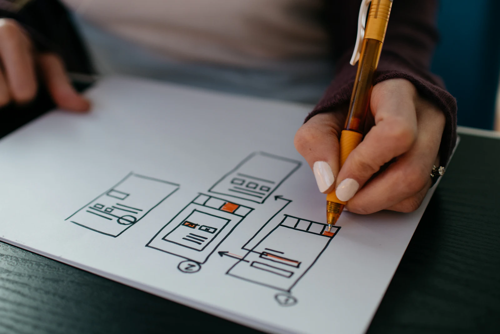 A hand drawing a flow of app screens on paper